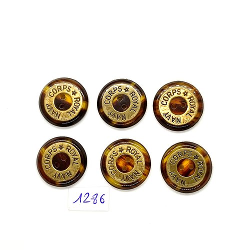 6 boutons en résine marron et doré - corps royal navy - vintage - 23mm - tr1286