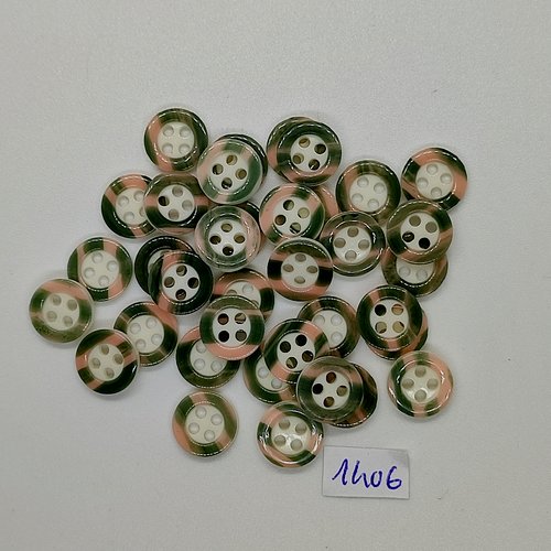 35 boutons en résine vert rose et blanc - vintage - 11mm - tr1406
