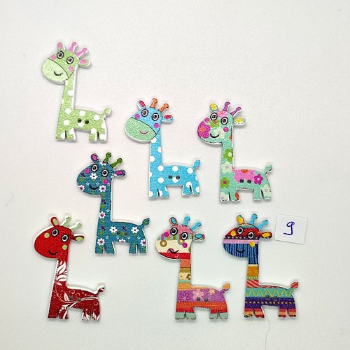 7 boutons fantaisies en bois - une girafe multicolore - 26x35mm - bri1028-9