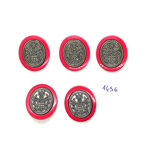 5 boutons en résine fuchsia et métal argenté - blason - vintage - 24x28mm - tr1456