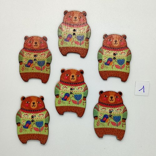 6 boutons fantaisies en bois - ours marron et multicolore - 25x36mm - bri1031-1