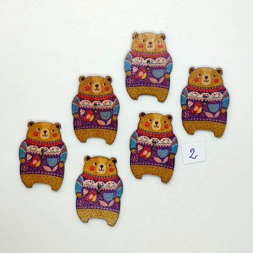 6 boutons fantaisies en bois - ours ocre et multicolore - 25x36mm - bri1031-2
