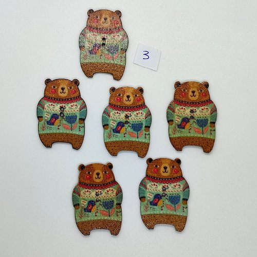 6 boutons fantaisies en bois - ours ocre et multicolore - 25x36mm - bri1031-3