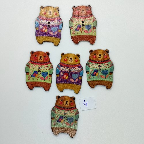 6 boutons fantaisies en bois - ours ocre et multicolore - 25x36mm - bri1031-4