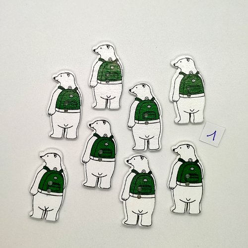8 boutons fantaisies en bois - un ours vert et blanc - 18x35mm - bri1034-1