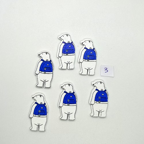 6 boutons fantaisies en bois - un ours bleu et blanc - 18x35mm - bri1034-3