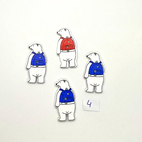 4 boutons fantaisies en bois - un ours bleu rouge et blanc - 18x35mm - bri1034-4