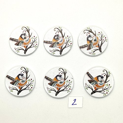 6 boutons fantaisies en bois fond blanc et multicolore - oiseaux - 25mm - bri1036-2
