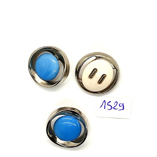 3 boutons en résine bleu argenté et blanc - vintage - 21mm et 22mm - tr1529