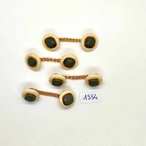 4 boutons avec une petite chaine doré en résine beige et vert - vintage -  9x40mm - tr1534