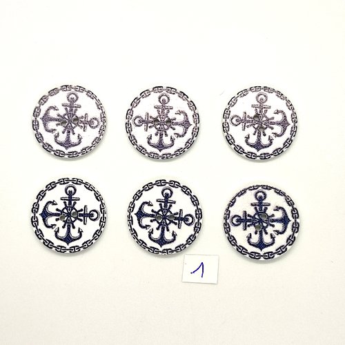6 boutons fantaisies en bois blanc et bleu - une ancre - 25mm - bri1037-1