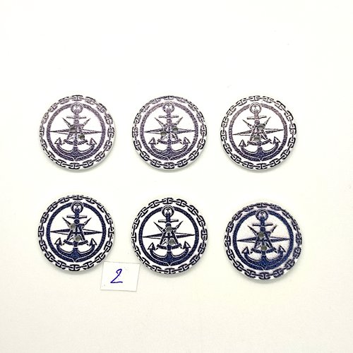 6 boutons fantaisies en bois blanc et bleu - une ancre - 25mm - bri1037-2