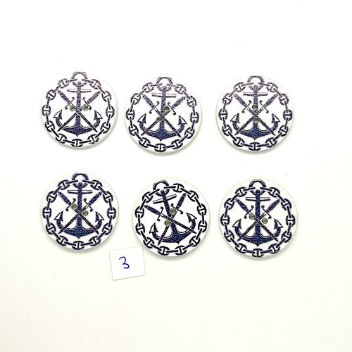 6 boutons fantaisies en bois blanc et bleu - une ancre - 25mm - bri1037-3