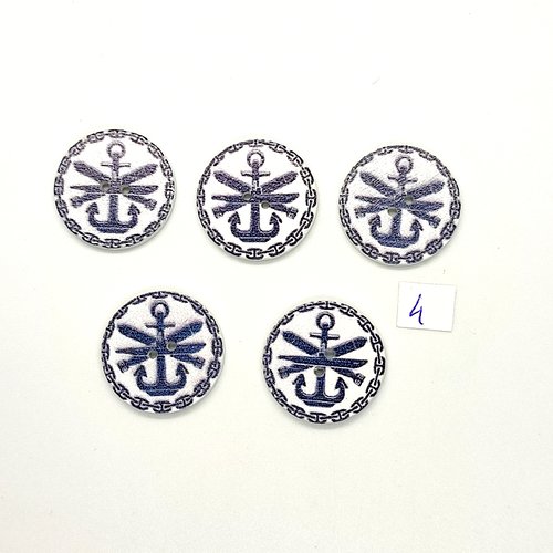 5 boutons fantaisies en bois blanc et bleu - une ancre - 25mm - bri1037-4