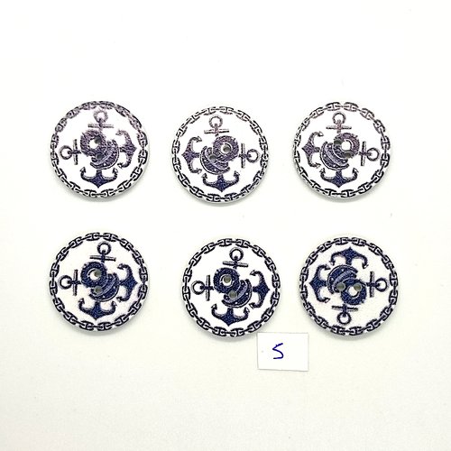 6 boutons fantaisies en bois blanc et bleu - une ancre - 25mm - bri1037-5