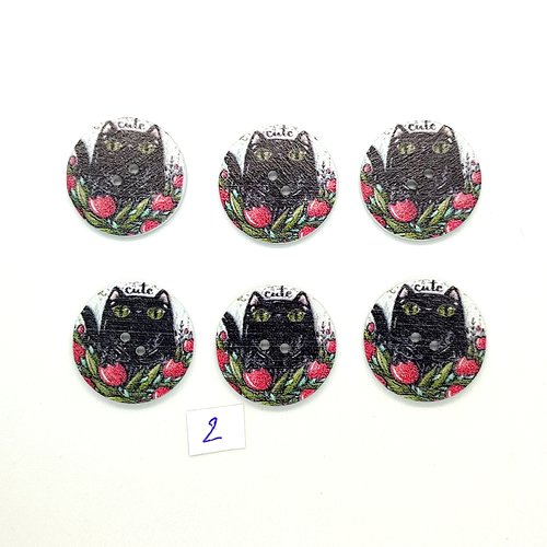 6 boutons fantaisies en bois multicolore - un chat noir - 25mm - bri453-2