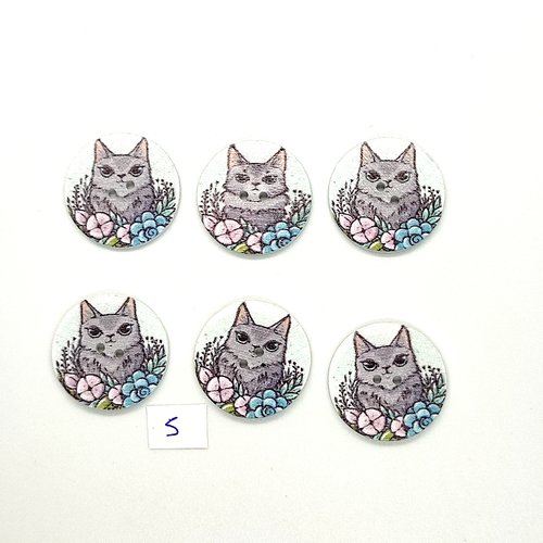 6 boutons fantaisies en bois multicolore - un chat gris - 25mm - bri453-5