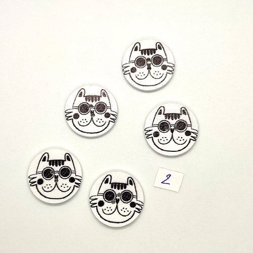 5 boutons fantaisies en bois noir et blanc - tete de chat - 25mm - bri632-2