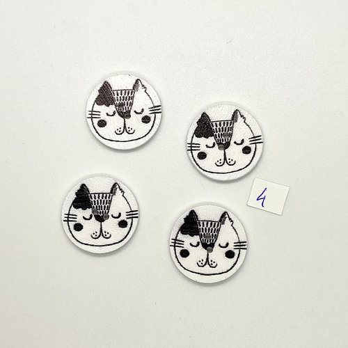 4 boutons fantaisies en bois noir et blanc - tete de chat - 25mm - bri632-4