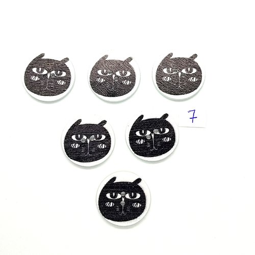 6 boutons fantaisies en bois noir sur fond blanc - tete de chat - 25mm - bri632-7