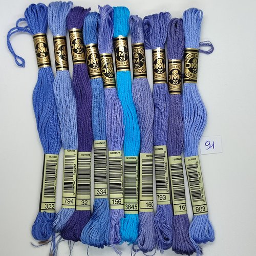 Lot de 10 échevettes fil a broder - dmc - ton bleu - mouliné spécial - 91
