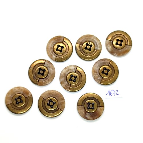 9 boutons en résine marron et métal bronze - vintage - 25mm - tr1672