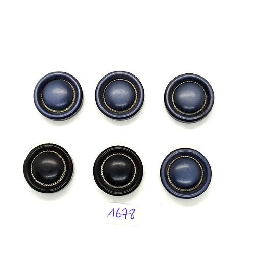 6 boutons en résine bleu et noir avec liserai doré - vintage - 22mm - tr1678