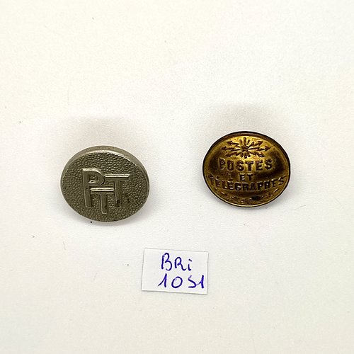 2 boutons en métal doré et argenté - poste et télégramme - 20mm - bri1051