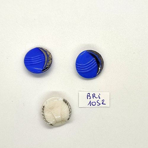3 boutons en verre bleu et blanc- 18mm - bri1052
