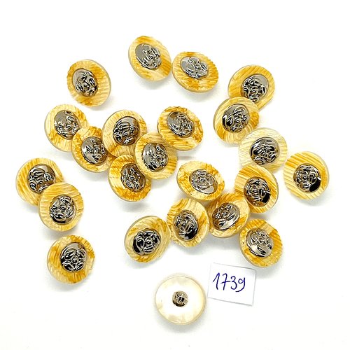 27 boutons en résine jaune et argenté - vintage - 15mm - tr1739