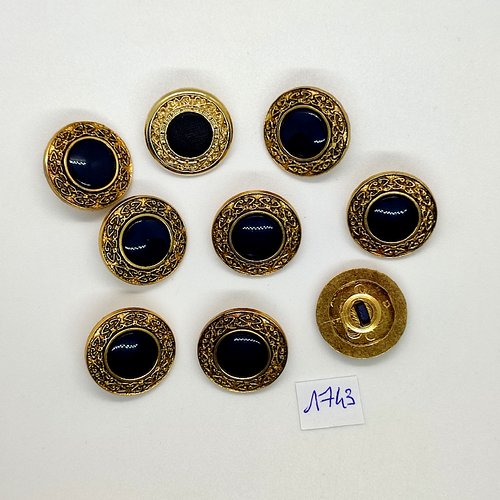 9 boutons en résine doré et bleu foncé - vintage - 20mm - tr1743