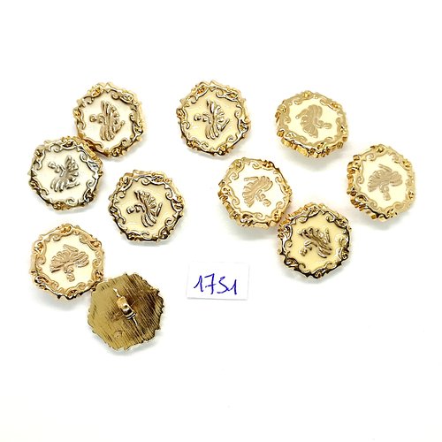 10 boutons en résine doré et émail blanc - vintage - 20mm - tr1751