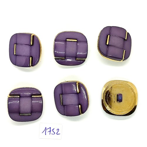 6 boutons en résine lilas foncé et doré - vintage - 26x26mm - tr1752