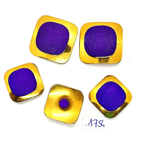 5 boutons en métal doré et résine violet / lilas foncé - vintage - 22x22mm et 27x27mm - tr1754