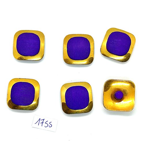6 boutons en métal doré et résine violet / lilas foncé - vintage - 22x22mm - tr1755