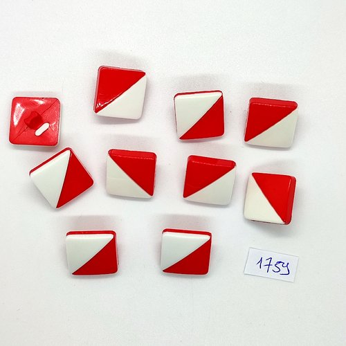 10 boutons en résine rouge et blanc - vintage - 16x16mm - tr1759