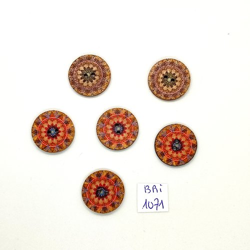 6 boutons en bois multicolore  - 20mm - bri1071