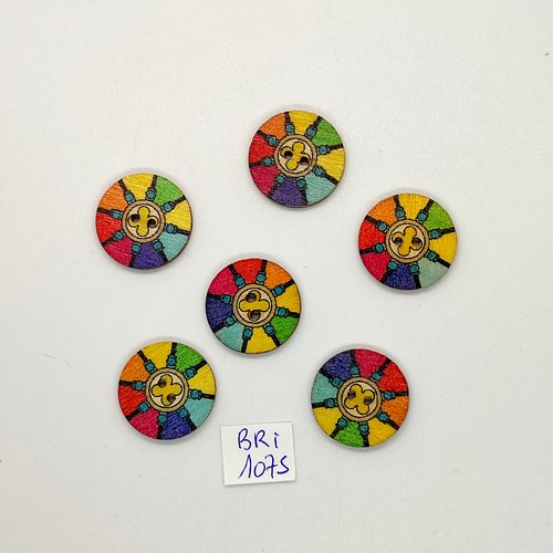 6 boutons en bois multicolore  - 20mm - bri1075