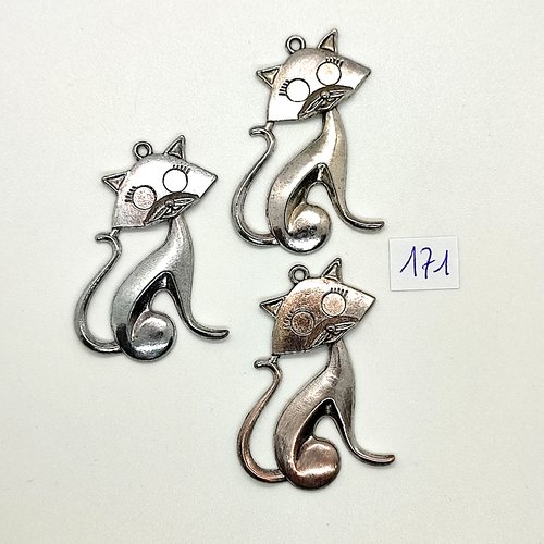 3 breloques en métal argenté - des chats - 31x47mm  - 171