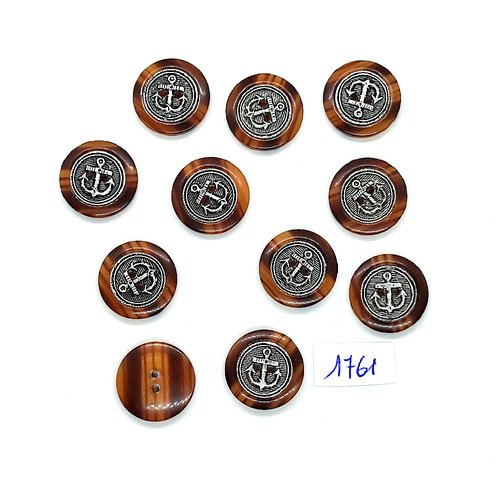 11 boutons en résine marron et argenté - une ancre - vintage - 18mm - tr1761