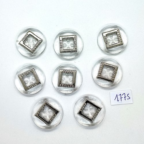 8 boutons en résine argenté et transparent - vintage - 23mm - tr1775