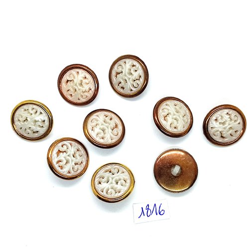 9 boutons en résine cuivre blanc et doré - vintage - 21mm - tr1816