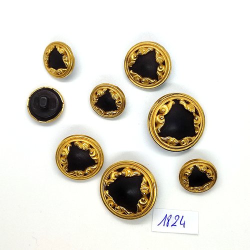 8 boutons en résine noir et métal doré - vintage - 28mm - 23mm et 18mm - tr1824