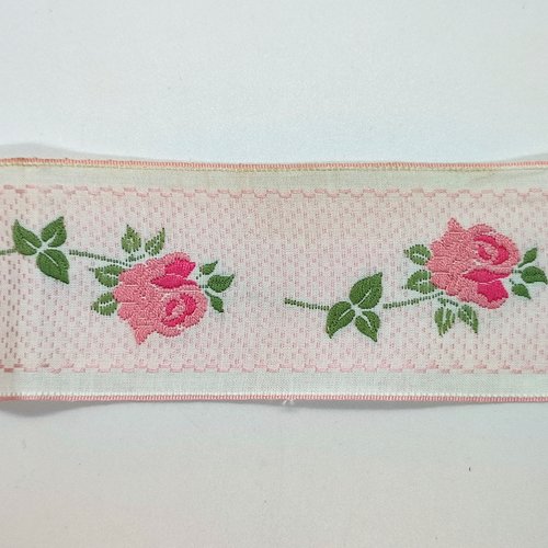 2,60m de ruban avec fleur rose et vert - vintage - 55mm