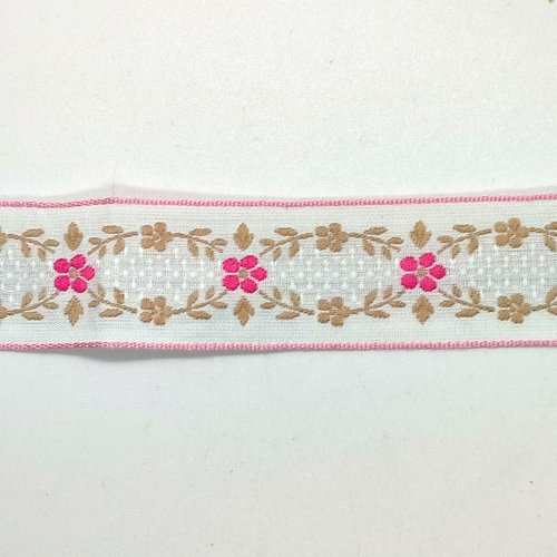 2m de ruban fond blanc avec fleur rose et beige - vintage - 25mm