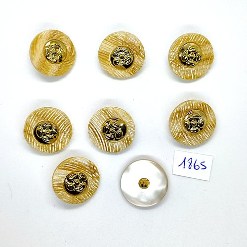 8 boutons en résine beige et doré - vintage - 22mm - tr1865