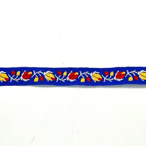 2m de ruban fond bleu et fleur multicolore - vintage - 12mm