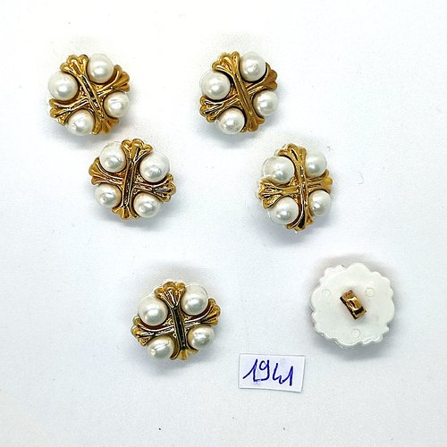 6 boutons en résine blanc et doré - vintage - 19mm - tr1941