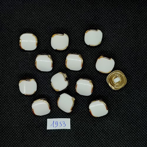 13 boutons en résine blanc et doré - vintage - 14x14mm - tr1953