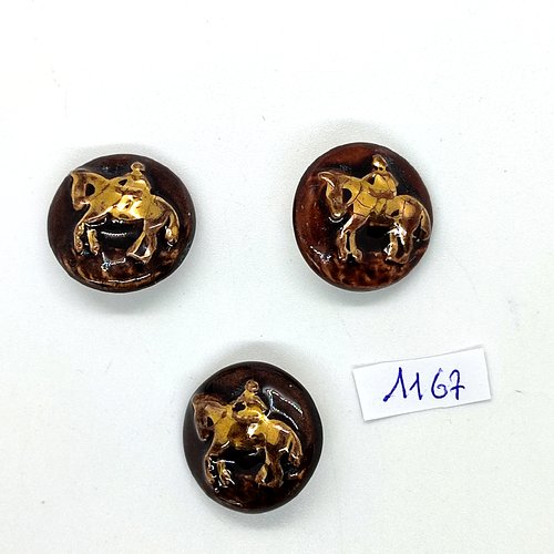 3 boutons en céramique couleur marron et doré - cheval et cavalier - 23mm - bri1167